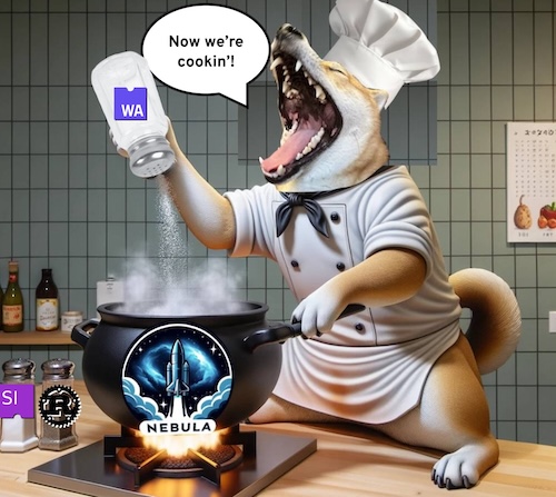 An illustration of an AI generated Shiba Inu chef cooking with WebAssembly, Rust and Wasi spices, cooking Nebula.
